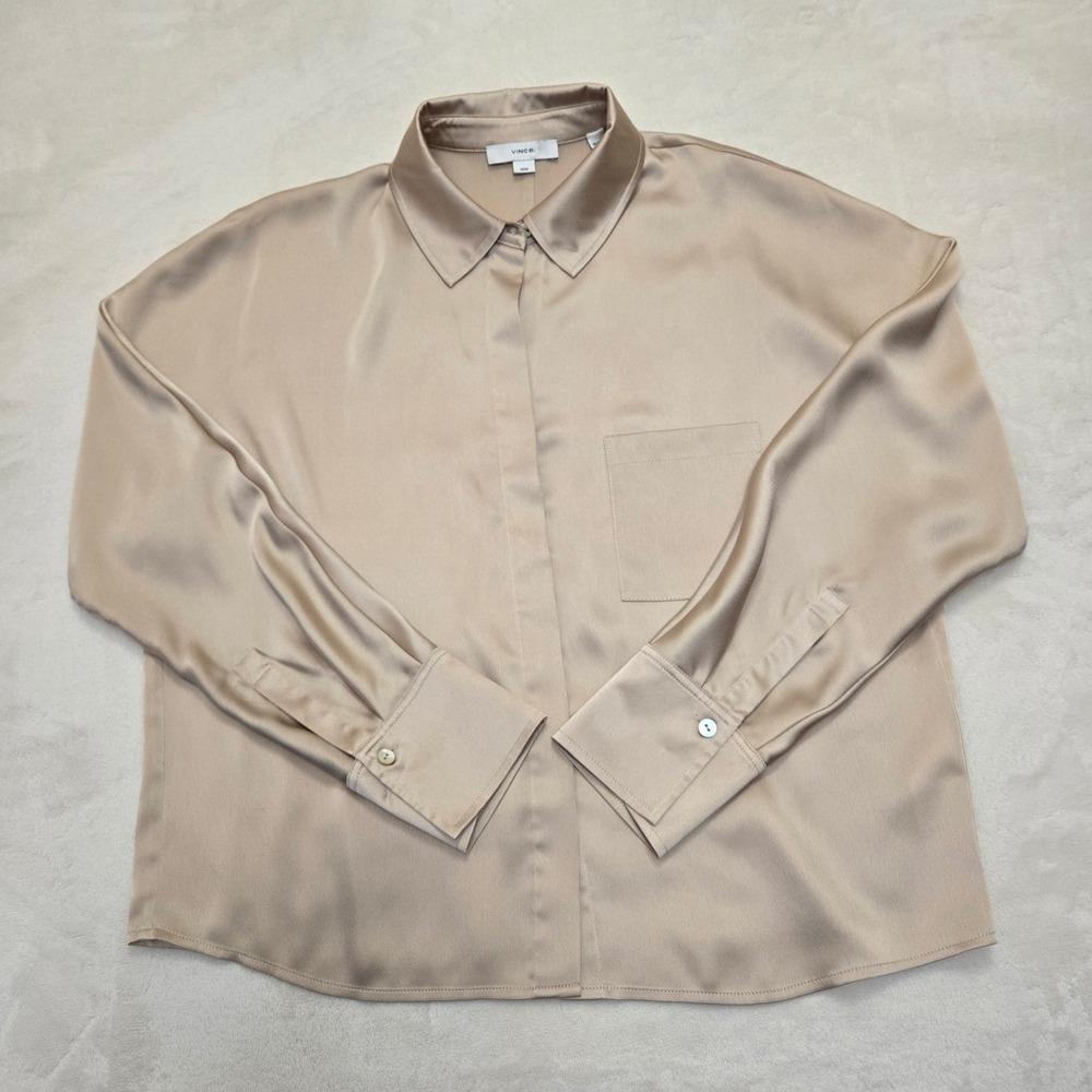 Vince Womens Champagne Beige Satin Relaxed Cropped Button Down Blouse Medium M - Picture 10 of 16